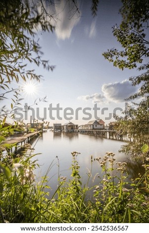 Image, Stock Photo Sunset cabin landscape with river and forest