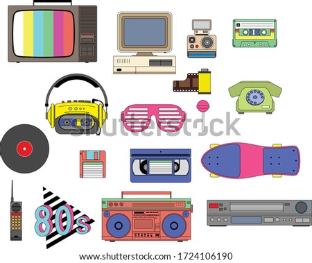 Set of vintage retro 1980s style items that symbolize the 80s decade, tv, vhs, pc, cassete, skate and more, icon isolated. Easy to combine and edit