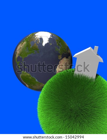 white house on sphere of grass with earth, sky background