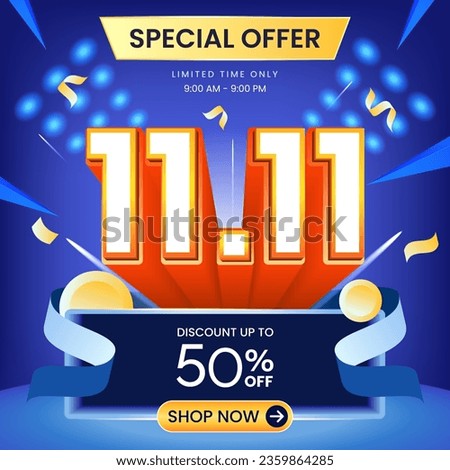 11.11 special offer banner with blue background, coin and ribbon. Use for social media and website. Discount up to 50% Off. Sale campaign or promotion.