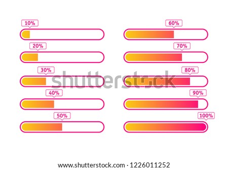 Progress loading bar, 100%, 90%, 80%, 70%, 60%, 50%, 40%, 30%, 20%, 10%  loading icon. Vector illustration.