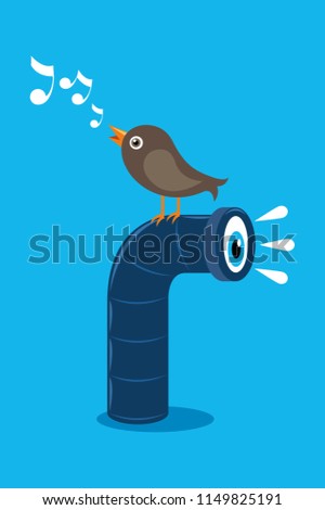 Bird singing on top of periscope cartoon vector illustration