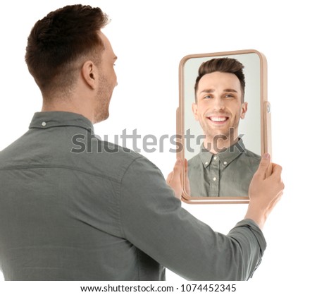 Image, Stock Photo Stylish man holding mirror with reflection