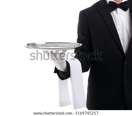 Waiter holding metal tray on white background ストックフォト © 