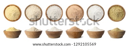 Image, Stock Photo flour in a bowl and an egg on a white kitchen table