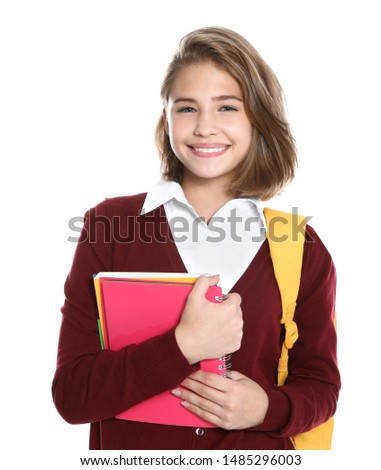 Happy girl in school uniform on white background Imagine de stoc © 