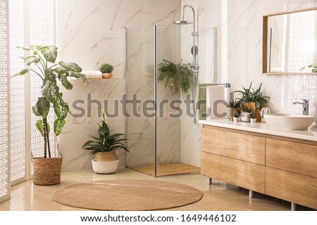 Stylish bathroom interior with countertop, shower stall and houseplants. Design idea Foto stock © 