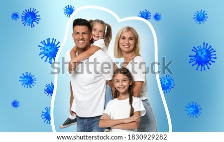 Strong immunity - healthy family. Happy parents with children protected from viruses and bacteria, illustration