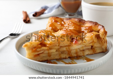 Image, Stock Photo Apple pie with caramel.  Thanksgiving dessert top view
