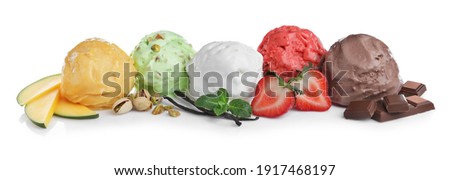 Scoops of different ice creams and ingredients on white background