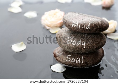 Stones with words Mind, Body, Soul and flower petals in water, space for text. Zen lifestyle