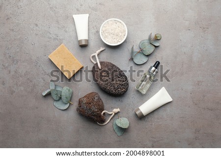 Flat lay composition with pumice stones on grey background 商業照片 © 