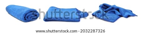 Set with blue microfiber cloths on white background. Banner design Imagine de stoc © 