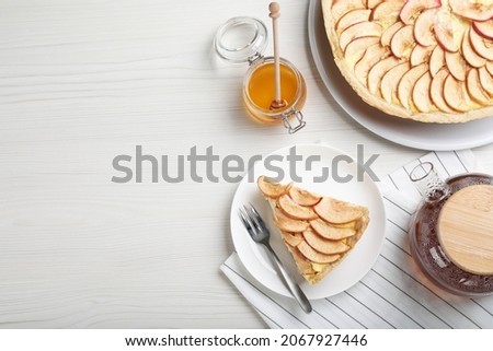 Similar – Image, Stock Photo Baking apple pie, recipe step by step. Making of an apple tart isolated on green background