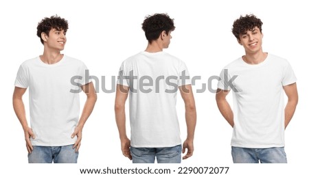 Collage with photos of man in stylish t-shirt on white background, back and front views. Mockup for design Foto d'archivio © 