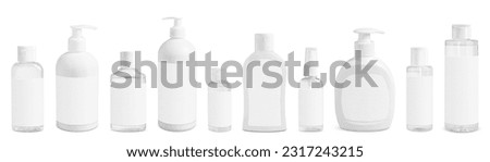 Image, Stock Photo Set of white cosmetic bottles with soft shadows on light blue background. Home and beauty salon care concept, mock up, copy space, beauty industry banner, flyer, coupon, healthcare