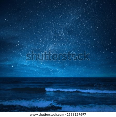 Similar – Image, Stock Photo Night Starry Sky With Glowing Stars Above Countryside Landscape. Light Cloudiness Overcast Above Rural Field Meadow In Early Spring. Illumination Lights Of Town On Horizon