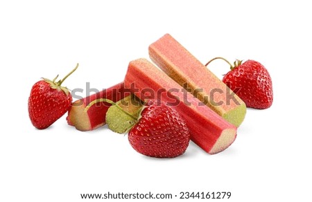 Similar – Image, Stock Photo Fresh strawberries and rhubarb on wooden table background with ingredients for tasty seasonal cooking or baking. Top view. Healthy clean food. Paleo dieting. Home cuisine. Garden fruits eating