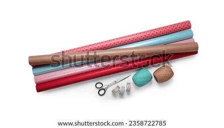 Image, Stock Photo many colorful paper rolls are stacked on a brown wooden table