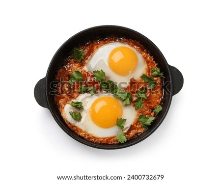 Image, Stock Photo Fried eggs with tomatoes and broccoli in white frying pan on kitchen table with ingredients. Top view. Healthy breakfast