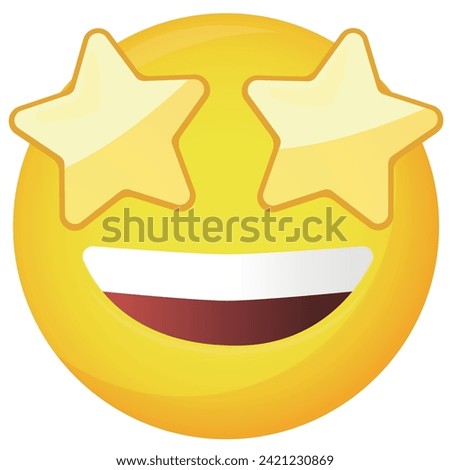 Emoticon with stars instead of eyes isolated on white, vector illustration. Representing admiration, respect, euphoria, excitement, delight