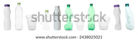 Foto Bild Leere Plastikflaschen, Becher, Strohhalme und Verschlüsse werden zum Recycling gesammelt