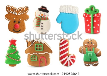 Similar – Image, Stock Photo Gingerbread cookies isolated on a blue background. Christmas homemade cookies top view