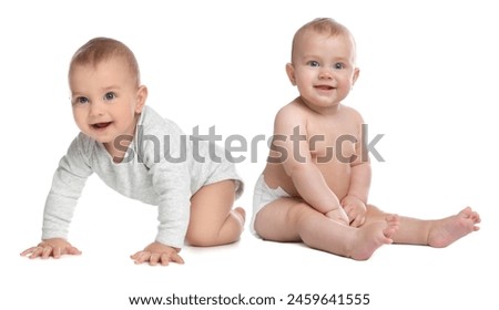 Similar – Image, Stock Photo Curious beautiful baby boy in blue body lying on playing mat, looking in the camera