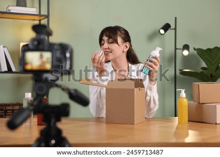 Similar – Image, Stock Photo Fashion blogger recording video at home