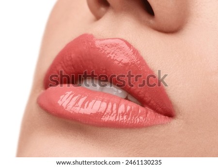 Image, Stock Photo Woman applying lipstick and looking in side mirror of bus