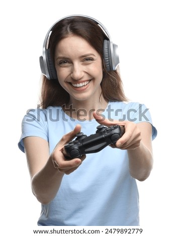Similar – Image, Stock Photo Cheerful women playing videogame on couch