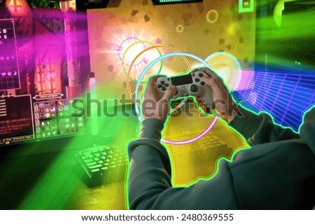 Similar – Image, Stock Photo Gamer playing video game at home