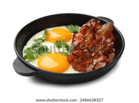 Image, Stock Photo Tasty bacon and eggs with juice at table