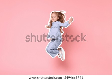 Image, Stock Photo Little child jumping from a boat with a blue sky background