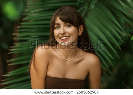 Similar – Image, Stock Photo Smiling woman near tree in park