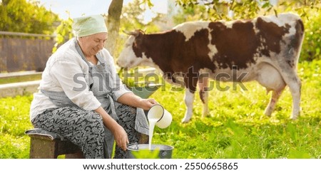 Similar – Image, Stock Photo Woman pouring fresh milk from bottle to enamel mug while having refreshment in garden