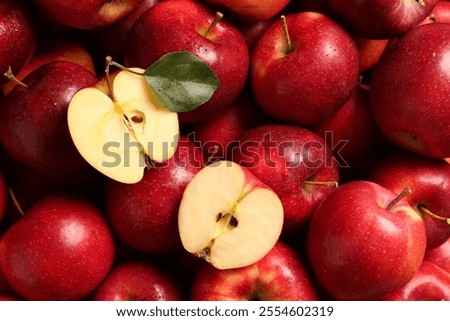 Image, Stock Photo Roter halbierter Apfel und eine weiße Schüssel mit Honig auf einem hellen Hintergrund, Flat lay, gesunde Ernährung