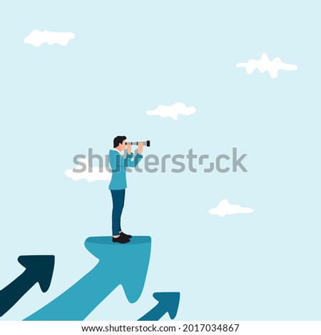 Vision upwards. Businessman standing on a flying arrows looking for opportunity. Concept business illustration