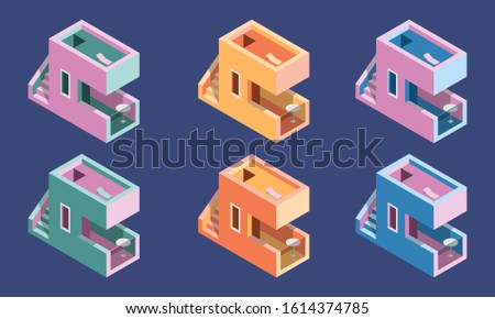 isometric building collection. small little twoo floor flat with pastel color's.