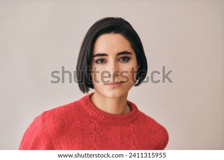 Similar – Image, Stock Photo Young woman with short brunette hair looks out the window behind the glass