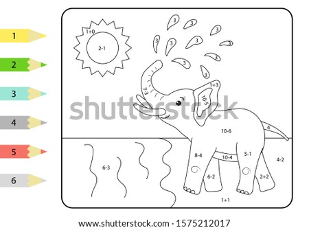 Educational game for children. Math coloring page with cute cartoon elephant. Worksheet with addition and subtraction.