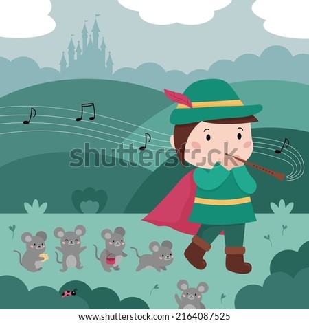 Pied Piper of Hamelin. German fairy tale for children. Cute cartoon characters. Kawaii mice. The boy playing flute. Background with castle. Vector illustration for book.