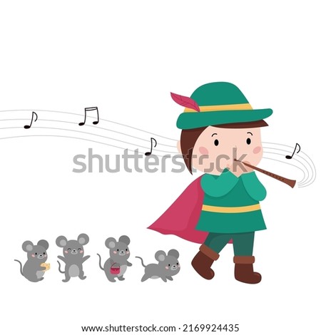 The pied piper of Hamelin playing flute with mice. Cartoon kawaii fairy tale characters on white background. Vector illustration for books, banners and magazines.