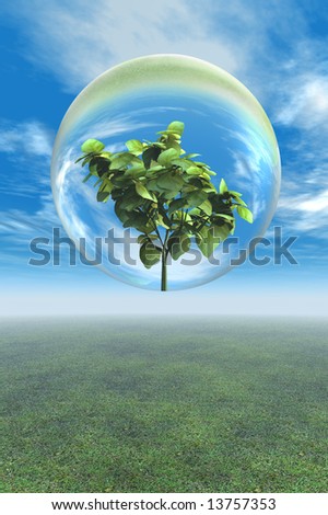 Leafy plant preservation in glass bubble as metaphor for going green, environmental issues, and conservation.