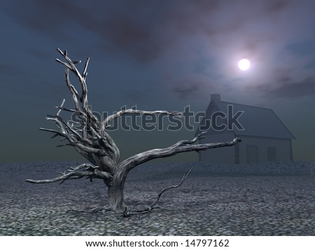 Dead tree and house foggy at night with glowing moon and stone terrain. Eerie 3D scene good for Halloween.