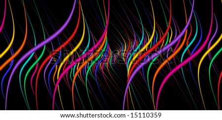 Tangent curves abstract in rainbow colors on black is wide format with red, pink, blue, aqua, orange, and yellow curved dimensional lines.