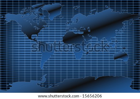 World map dark blue with grid effect is a flat projection and shows all continents including Antarctica. Vector also available.