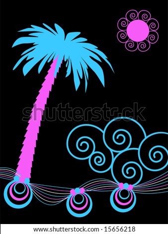 Tropical abstract palm tree and ocean waves with curly sun in pink and blue on black. Vector also available.