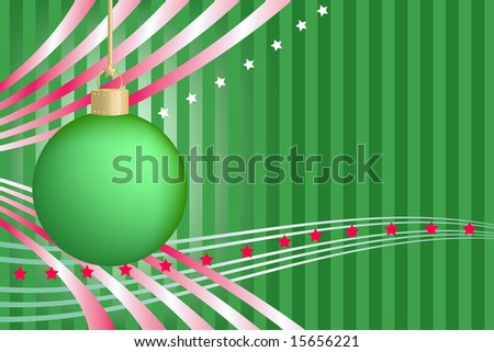 Green Christmas ornament has stripes and stars background. Waves are rosy red and white like peppermint and ball has gold cap and hanger. Vector also available.