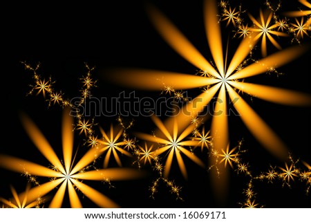 Abstract autumn flowers in gold have electric quality on black background.